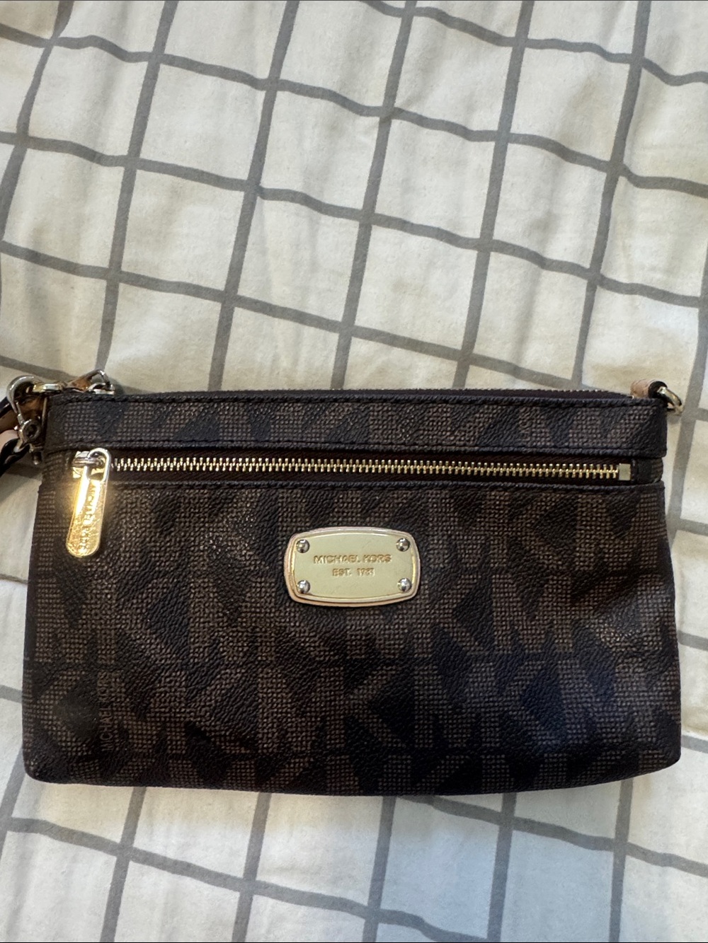 Michael Kors Dark Brown Signature Wristlet Clutch with Tan Strap